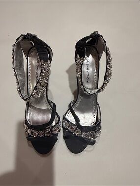 Adrienne Vittadini Black Jeweled Ankle-Strap Heels